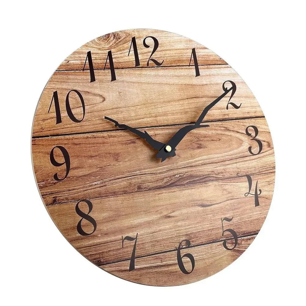 12in Wood plank rustic style round, frameless wall clock silent quartz movement